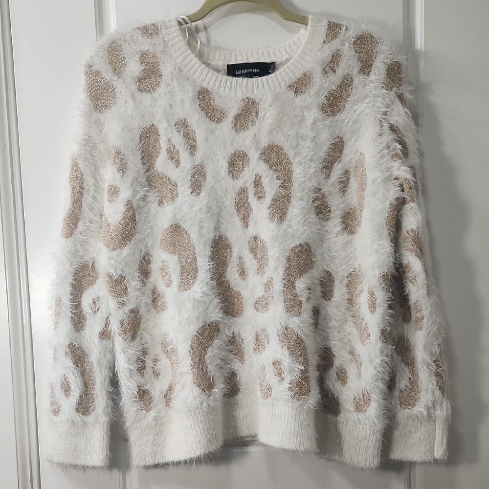 MINKPINK White and Tan Crewneck Eyelash Textured Sweater - XS